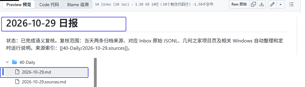 GitHub 日报网页局部拼排:Preview、2026-10-29 日报正文,以及选中的 40-Daily/2026-10-29.md。与对应提交中的新增内容对照;大图链接保留实际网页细节。